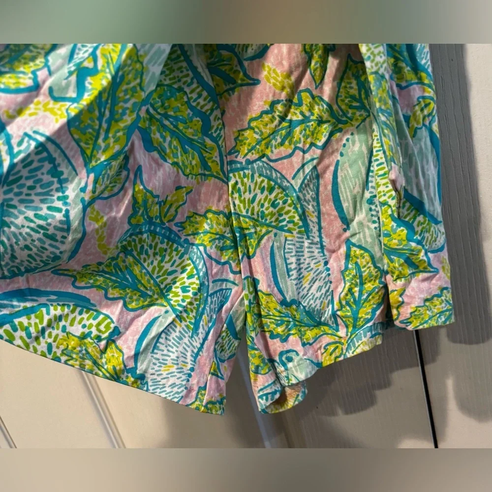 Lilly Pulitzer Pink, Green and Blue Leaf Patterned Wrap Romper - Size S
